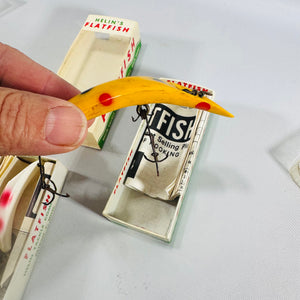 Vintage Helin's Flatfish Fishing Lure Set of 2 with Original Boxes — Helin Tackle Co. Detroit Michigan, Yellow Frog X4 and White Pink Spot