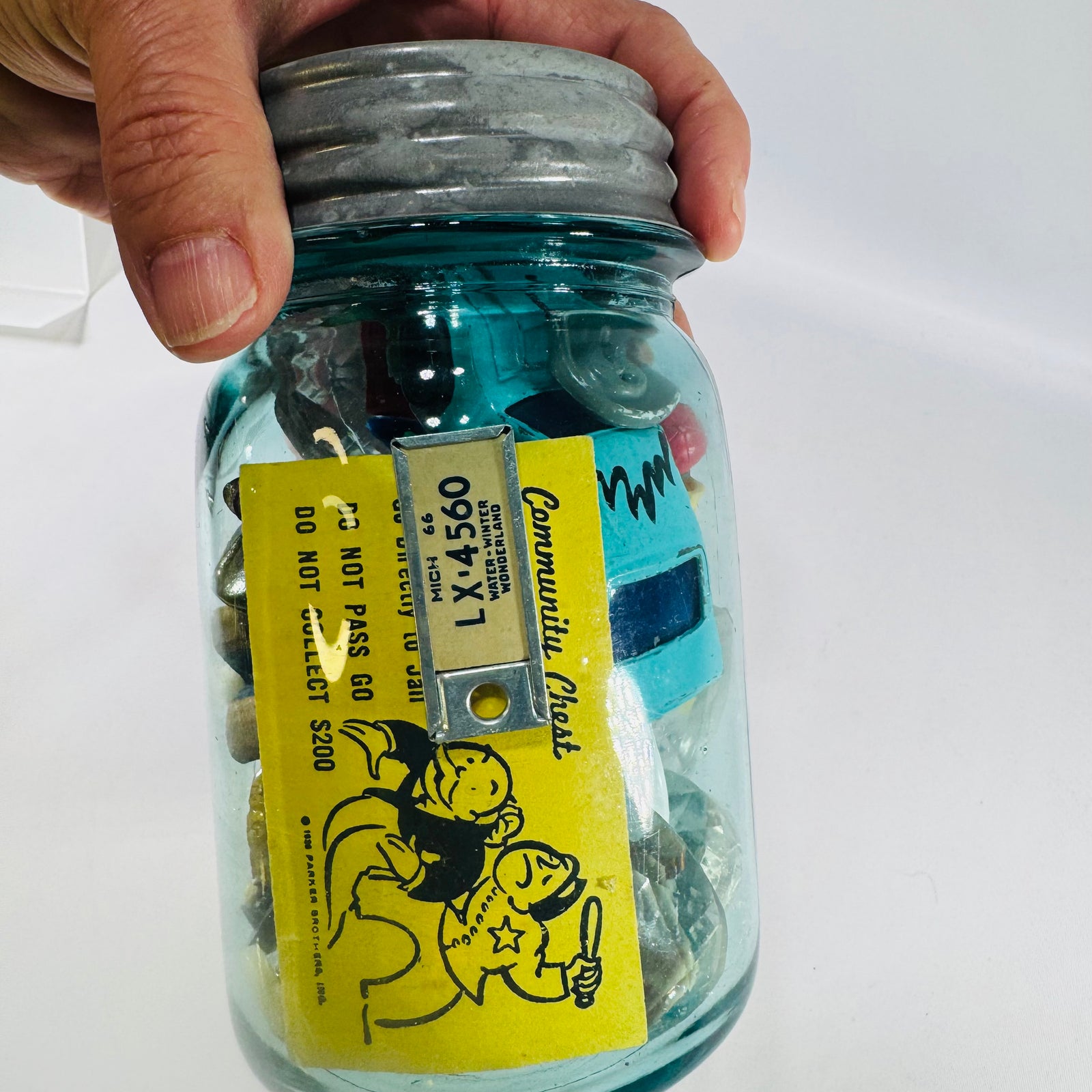 Vintage Blue Ball Perfect Mason Pint Jar with Zinc Lid — Filled Curiosity Collection, Buttons, Marbles, Toy Soldiers, Monopoly Pieces, Michigan License Tab