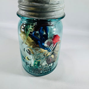 Vintage Blue Ball Perfect Mason Pint Jar with Zinc Lid — Filled Curiosity Collection, Buttons, Marbles, Toy Soldiers, Monopoly Pieces, Michigan License Tab