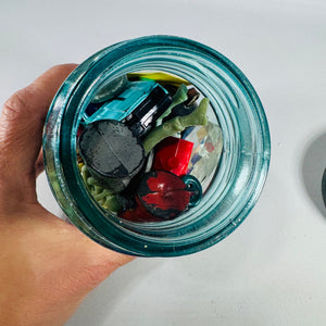 Vintage Blue Ball Perfect Mason Pint Jar with Zinc Lid — Filled Curiosity Collection, Buttons, Marbles, Toy Soldiers, Monopoly Pieces, Michigan License Tab