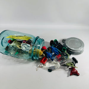 Vintage Blue Ball Perfect Mason Pint Jar with Zinc Lid — Filled Curiosity Collection, Buttons, Marbles, Toy Soldiers, Monopoly Pieces, Michigan License Tab
