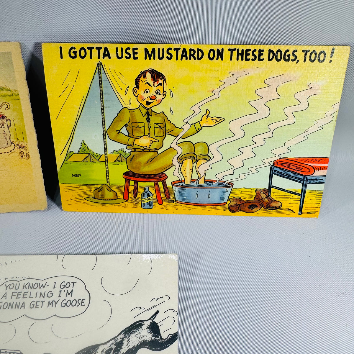 Vintage Comic Humor Postcard Lot Set of 3 — 1940s–1953 WWII Military, Hunting, Dog Humor, Mailed with Handwriting, Dexter Press Tichnor L.L. Cook