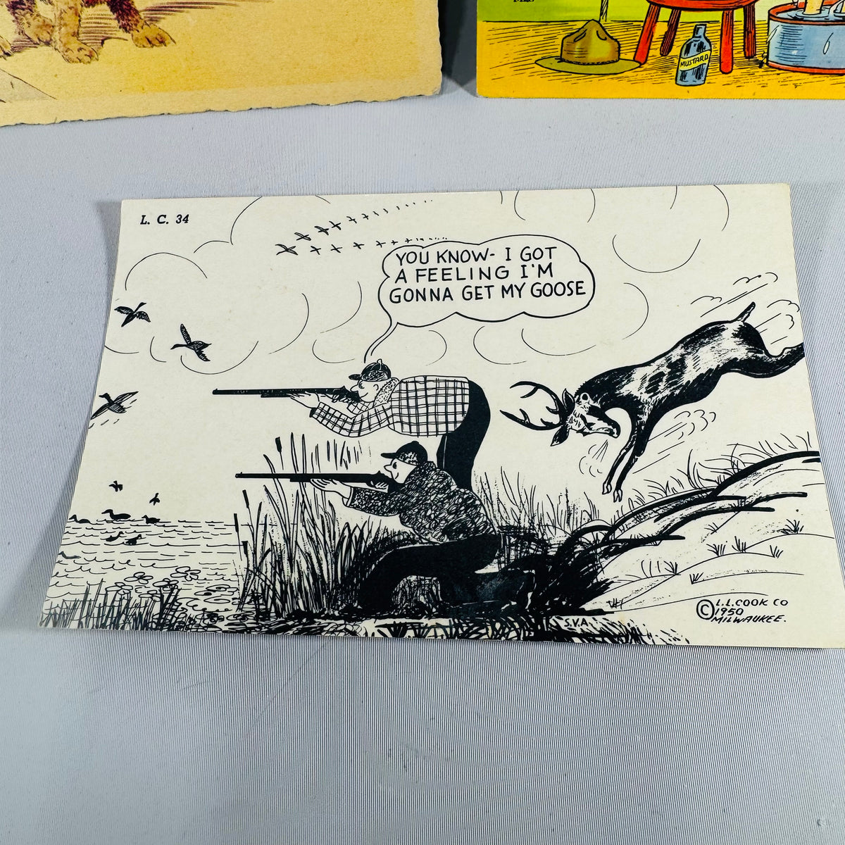 Vintage Comic Humor Postcard Lot Set of 3 — 1940s–1953 WWII Military, Hunting, Dog Humor, Mailed with Handwriting, Dexter Press Tichnor L.L. Cook