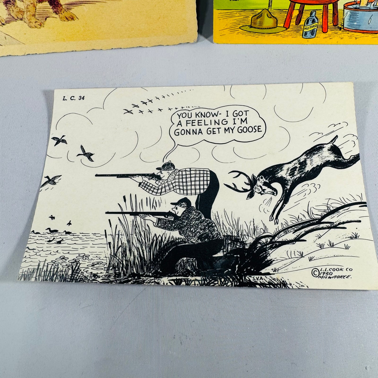 Vintage Comic Humor Postcard Lot Set of 3 — 1940s–1953 WWII Military, Hunting, Dog Humor, Mailed with Handwriting, Dexter Press Tichnor L.L. Cook