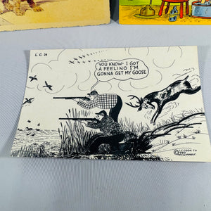 Vintage Comic Humor Postcard Lot Set of 3 — 1940s–1953 WWII Military, Hunting, Dog Humor, Mailed with Handwriting, Dexter Press Tichnor L.L. Cook