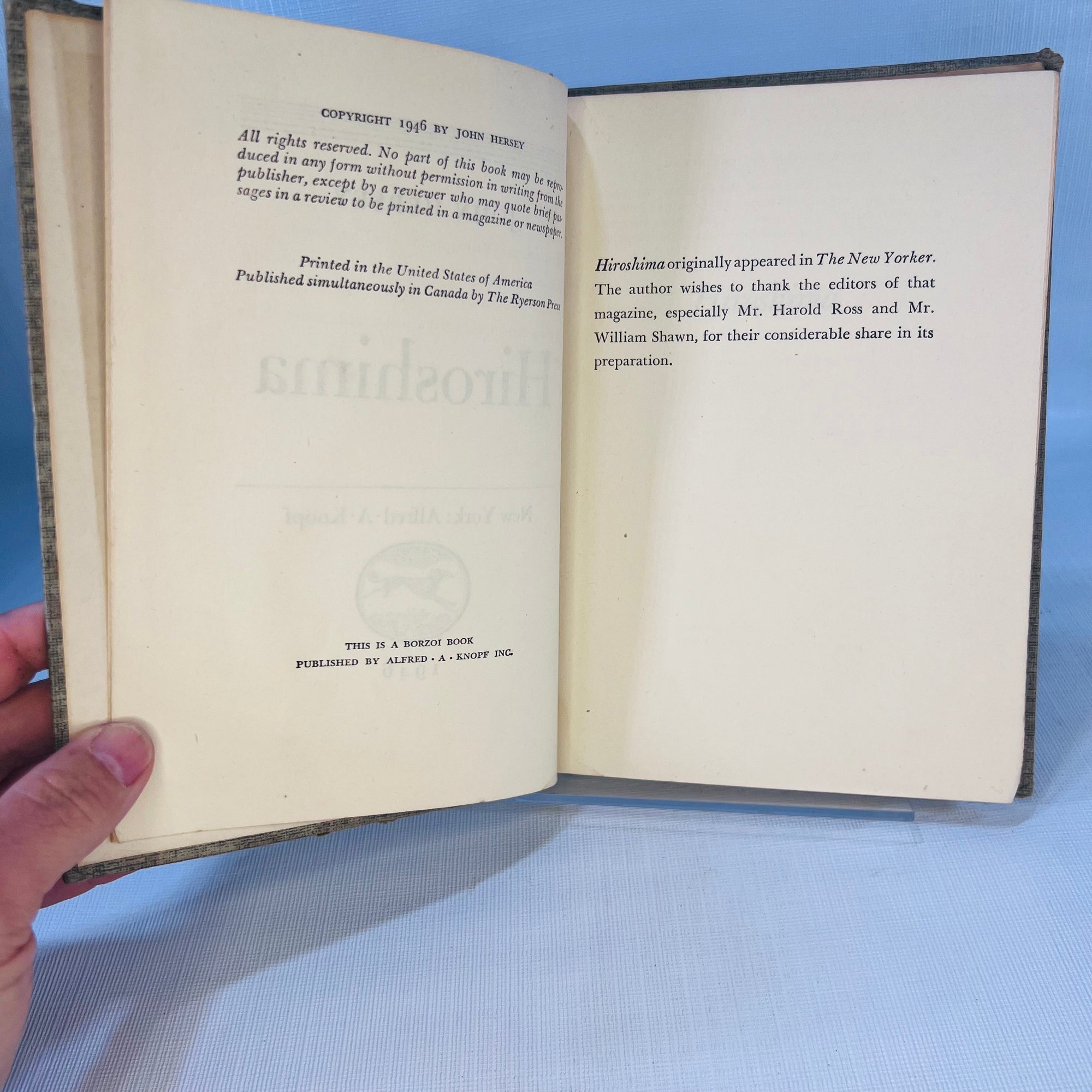 Hiroshima by John Hersey 1946 published by Alfred A. Knopf A Borzi Book