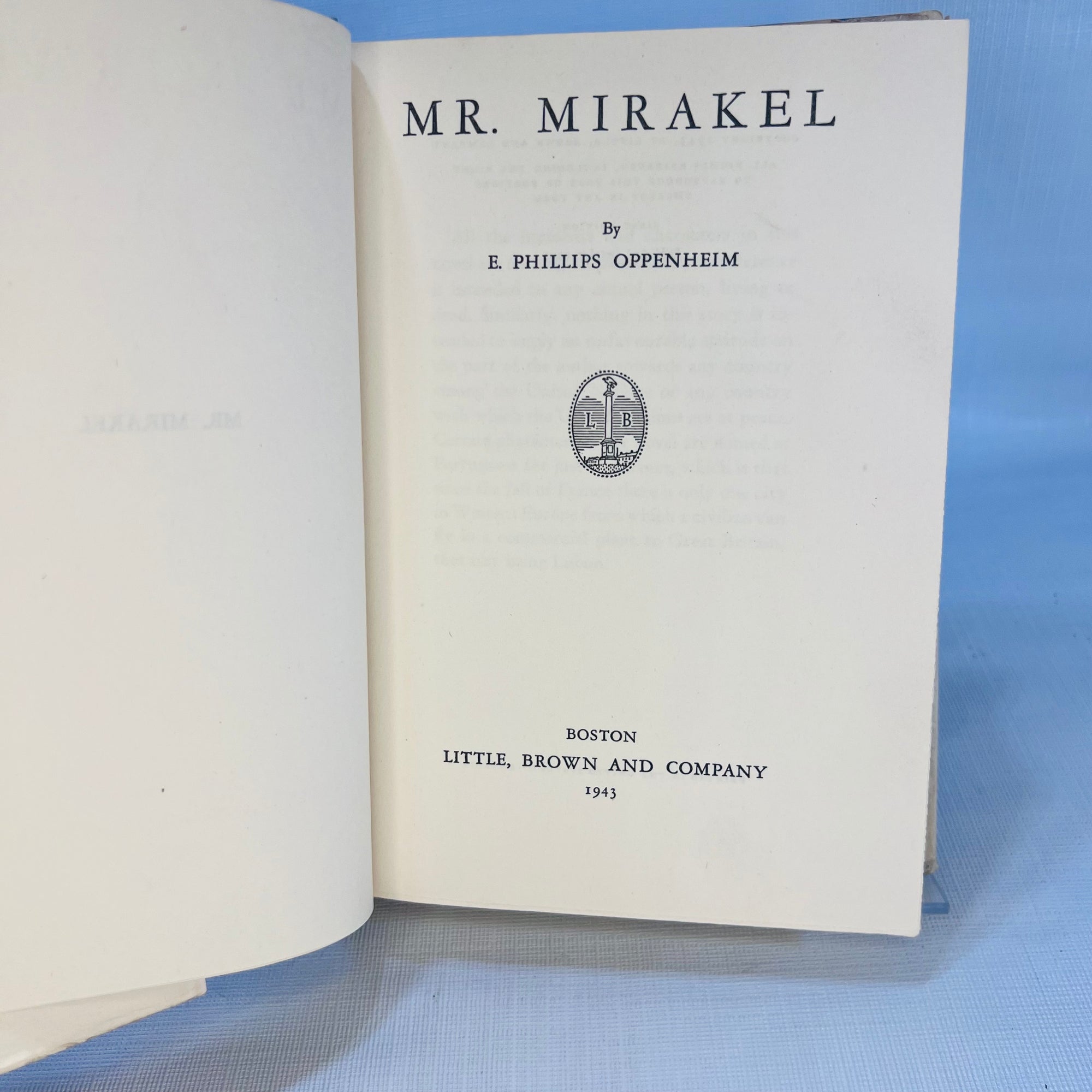 Mr. Mirakel by E. Phillips Oppenheim 1943 First Edition by Little Brown and Company