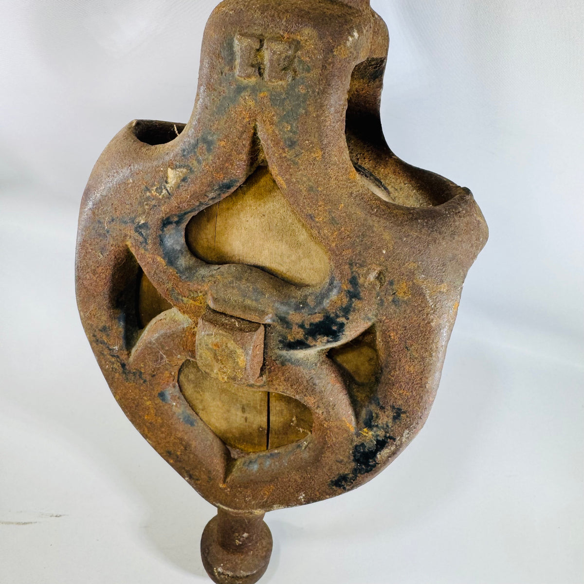Antique Cast Iron Barn Pulley with Wooden Wheel, 1800s Farm Equipment