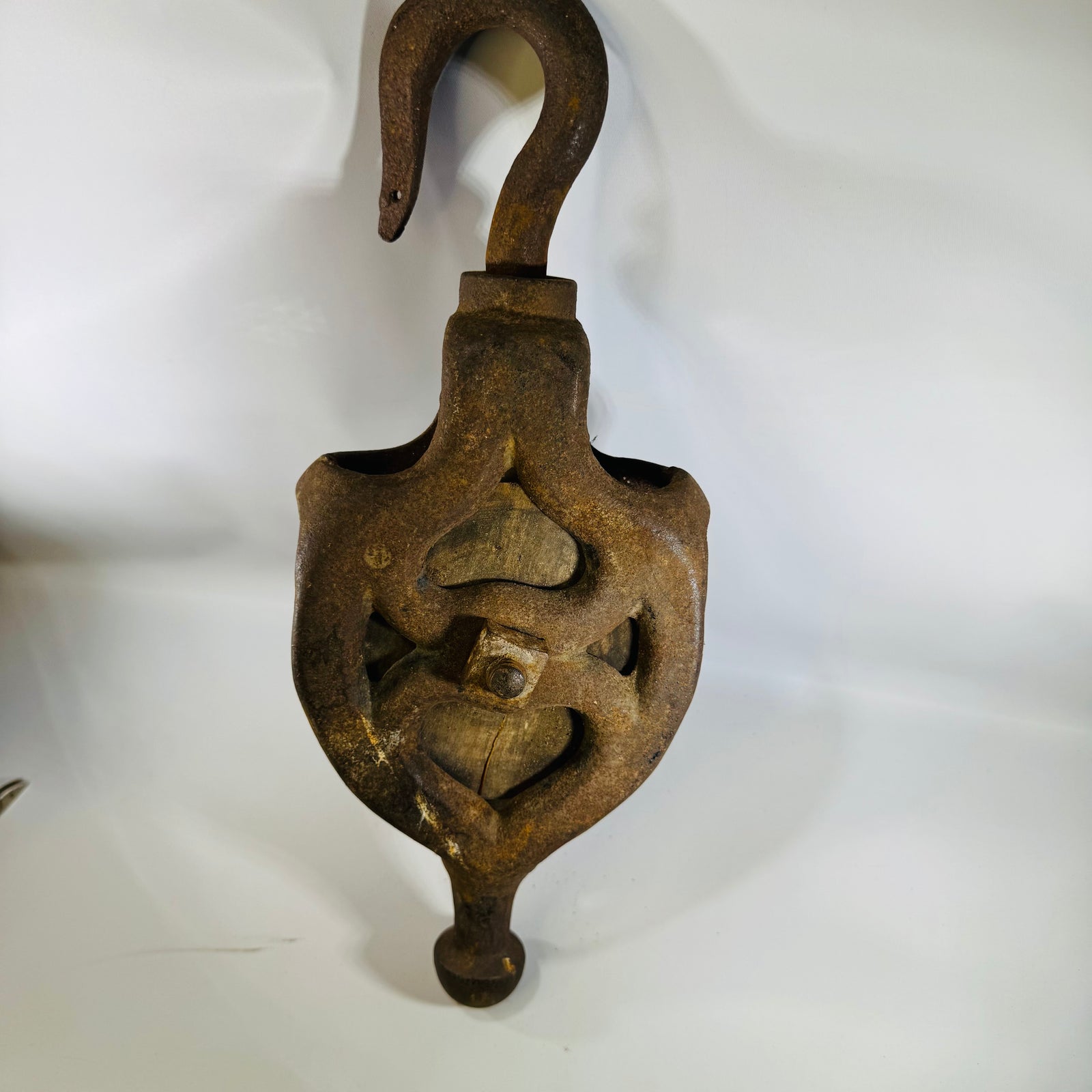 Antique Cast Iron Barn Pulley with Wooden Wheel, 1800s Farm Equipment