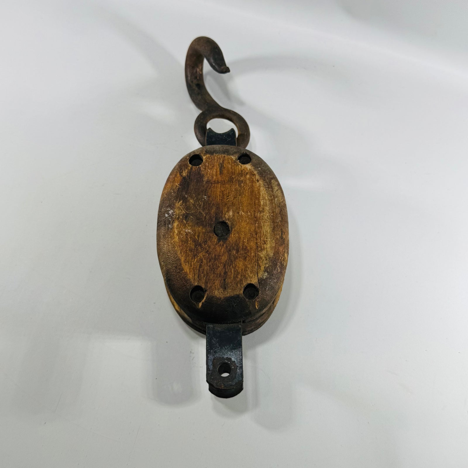 Antique Wooden Block & Tackle Pulley with Forged Iron Hook, Farm Equipment
