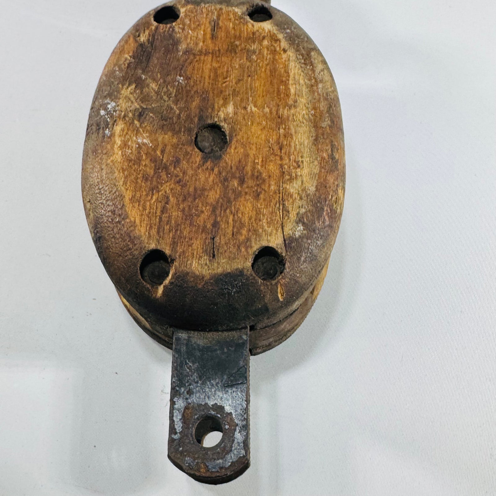 Antique Wooden Block & Tackle Pulley with Forged Iron Hook, Farm Equipment
