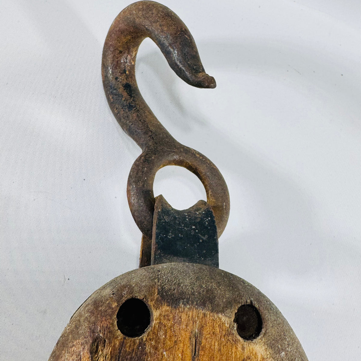 Antique Wooden Block & Tackle Pulley with Forged Iron Hook, Farm Equipment