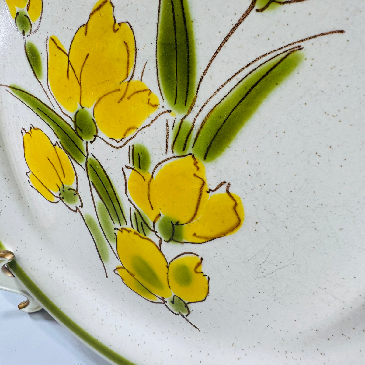 Vintage 1970s Stonybrook Stoneware Dinner Plate, Spring Collection Yellow Flowers Green Band