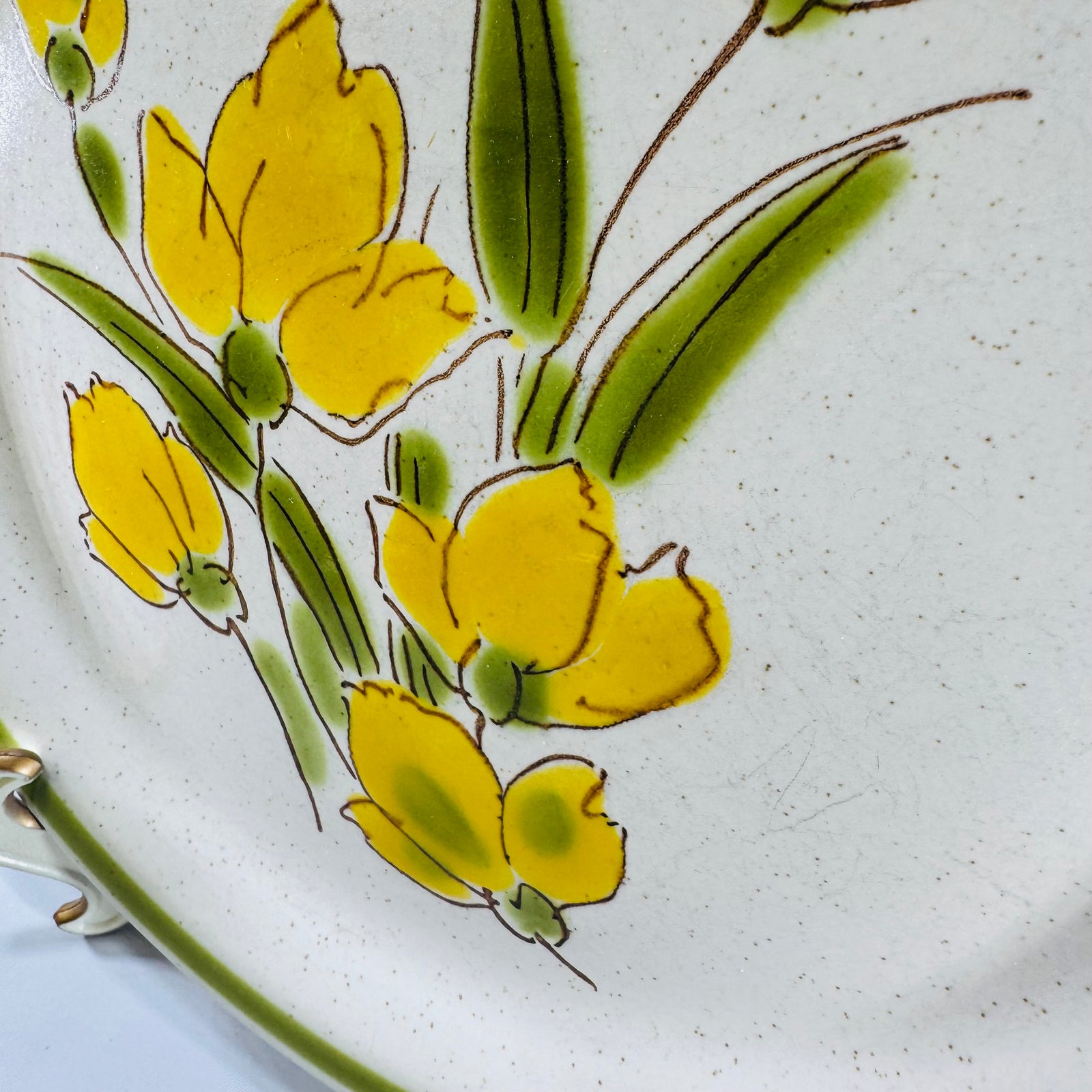 Vintage 1970s Stonybrook Stoneware Dinner Plate, Spring Collection Yellow Flowers Green Band