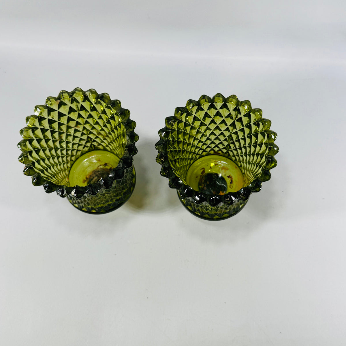 Vintage Green Glass Votive Candle Holders, Quilted Diamond Pattern, Pair