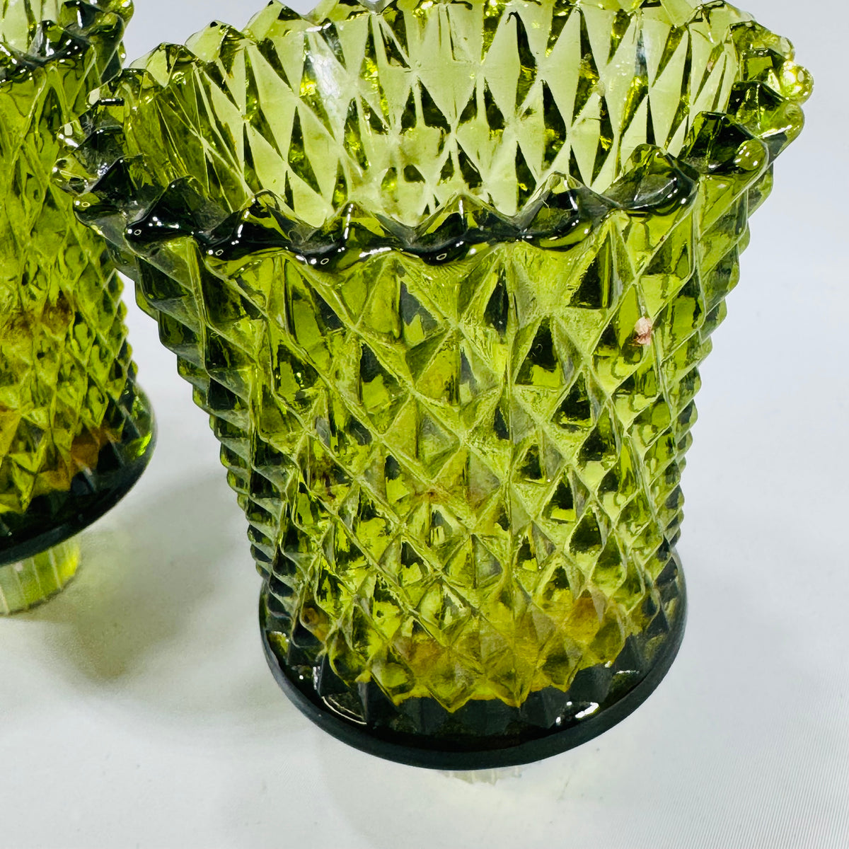 Vintage Green Glass Votive Candle Holders, Quilted Diamond Pattern, Pair