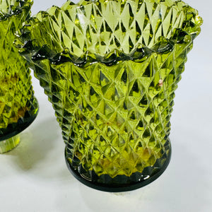 Vintage Green Glass Votive Candle Holders, Quilted Diamond Pattern, Pair