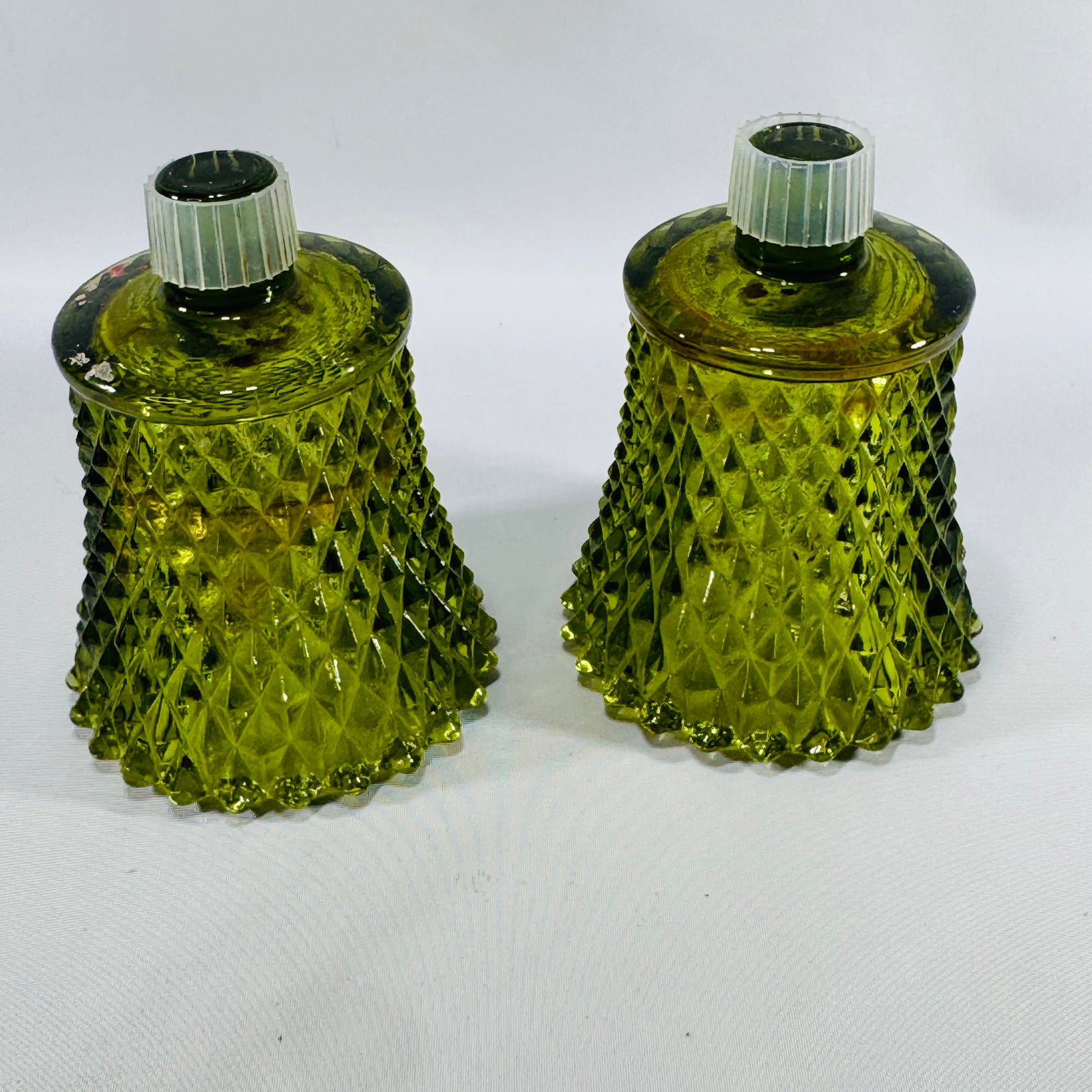 Vintage Green Glass Votive Candle Holders, Quilted Diamond Pattern, Pair