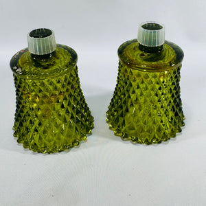 Vintage Green Glass Votive Candle Holders, Quilted Diamond Pattern, Pair
