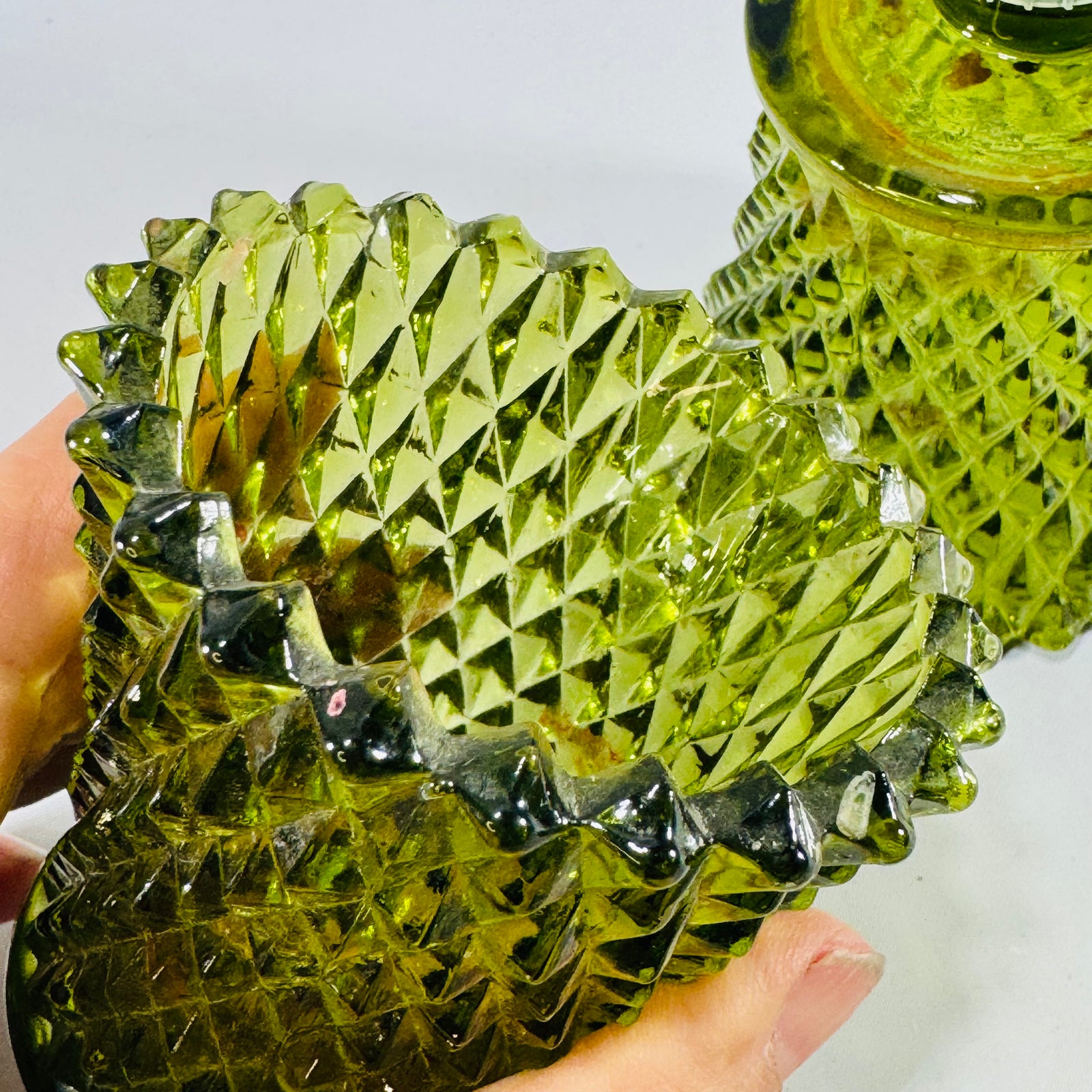 Vintage Green Glass Votive Candle Holders, Quilted Diamond Pattern, Pair