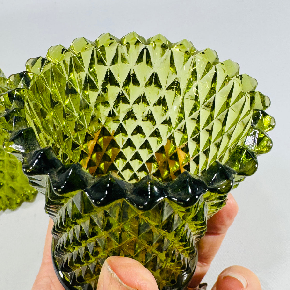 Vintage Green Glass Votive Candle Holders, Quilted Diamond Pattern, Pair