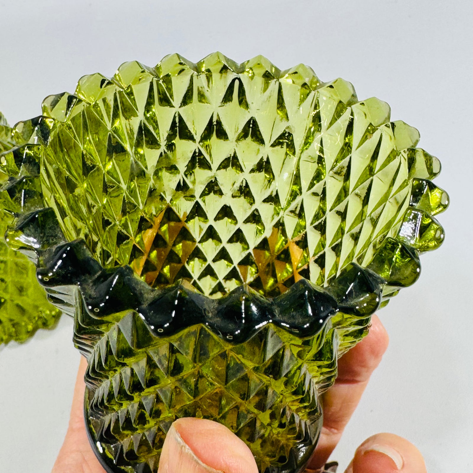 Vintage Green Glass Votive Candle Holders, Quilted Diamond Pattern, Pair