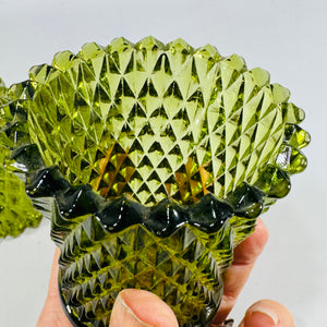 Vintage Green Glass Votive Candle Holders, Quilted Diamond Pattern, Pair