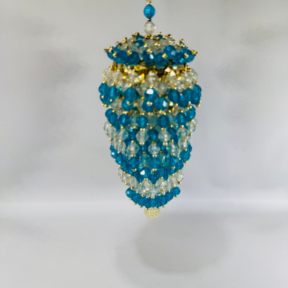 Vintage Handmade Beaded Christmas Ornament, Blue & Clear Icicle Chandelier Style