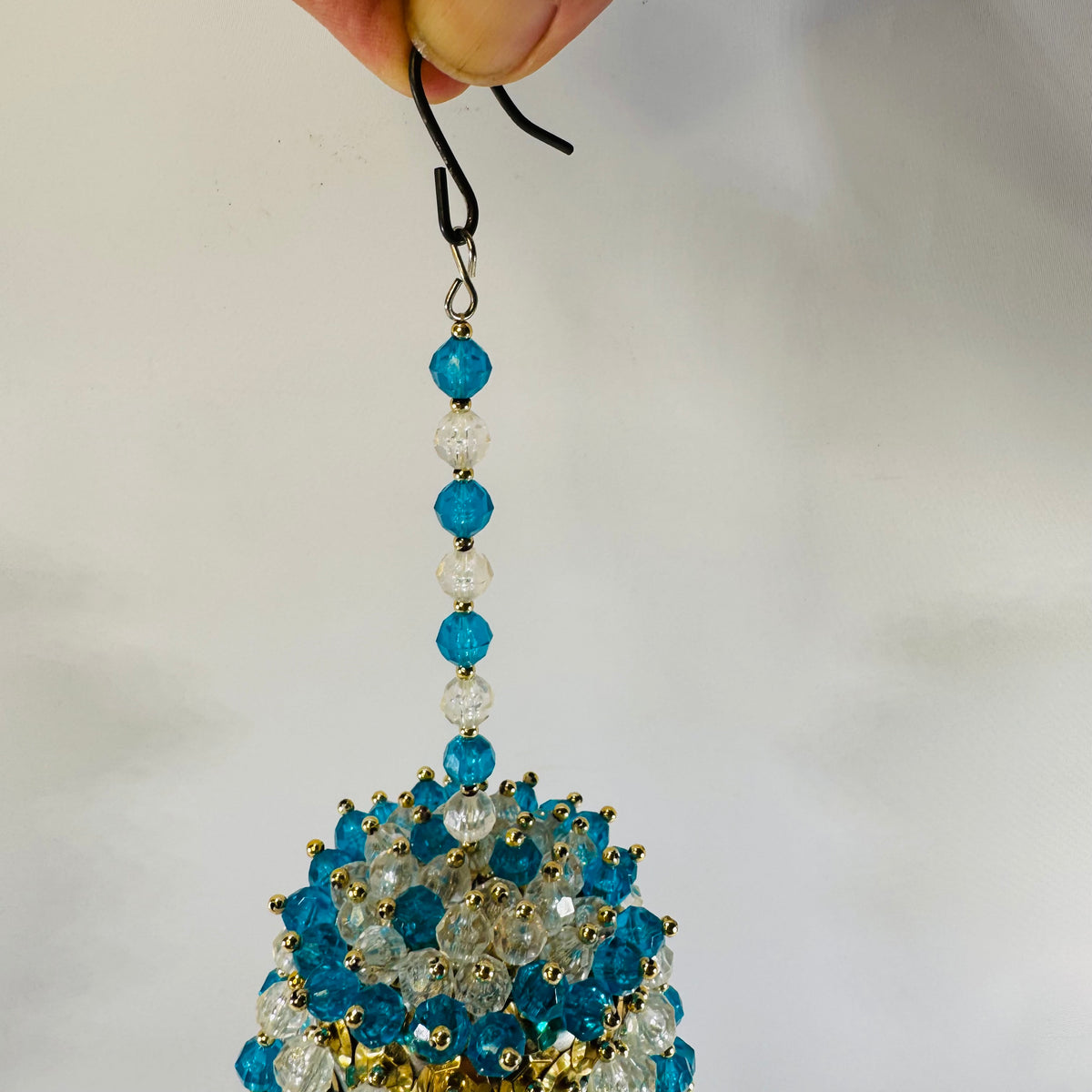 Vintage Handmade Beaded Christmas Ornament, Blue & Clear Icicle Chandelier Style
