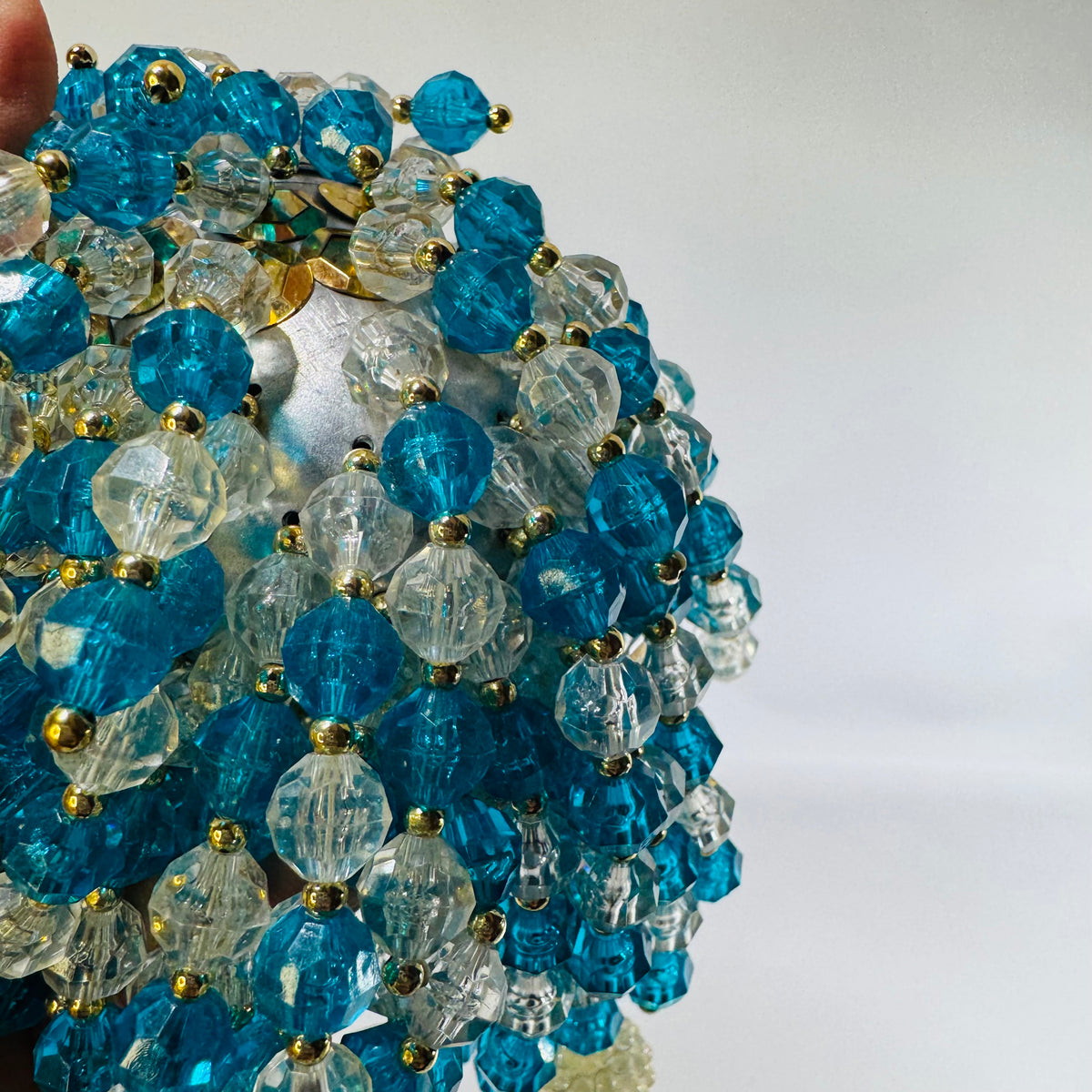Vintage Handmade Beaded Christmas Ornament, Blue & Clear Icicle Chandelier Style