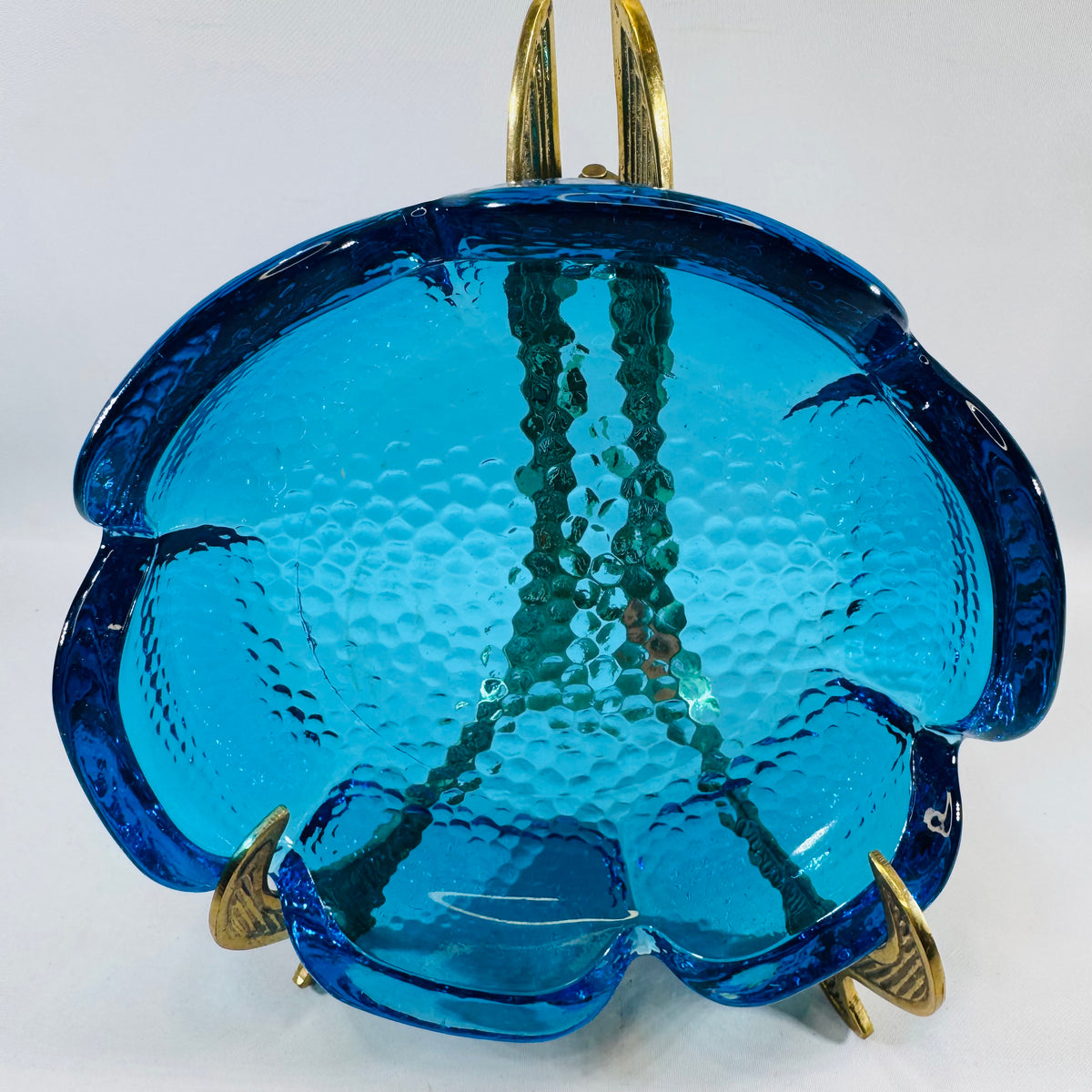 Vintage Blenko Blue Glass Lotus Ashtray, Pebbled Textured, Mid-Century Modern