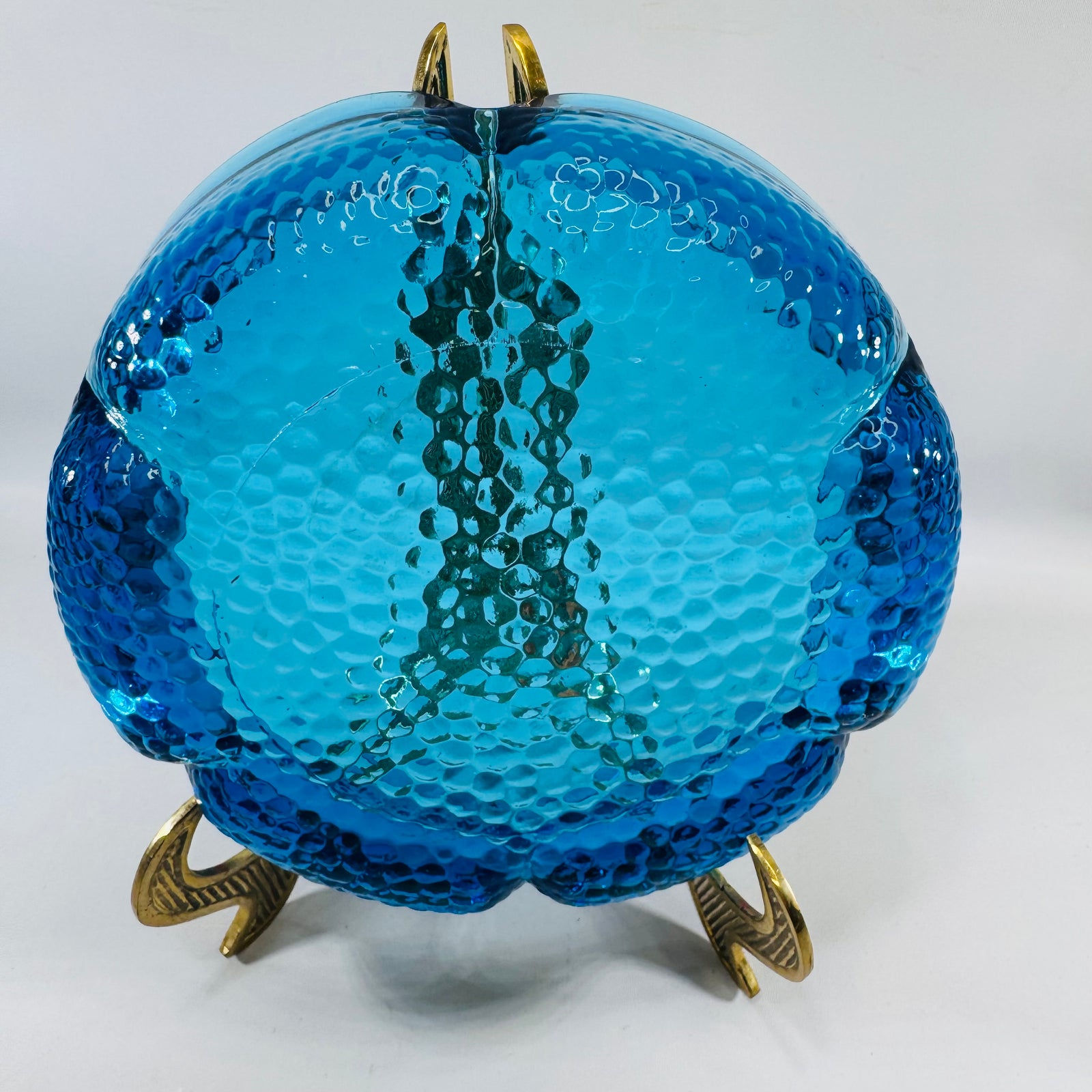 Vintage Blenko Blue Glass Lotus Ashtray, Pebbled Textured, Mid-Century Modern