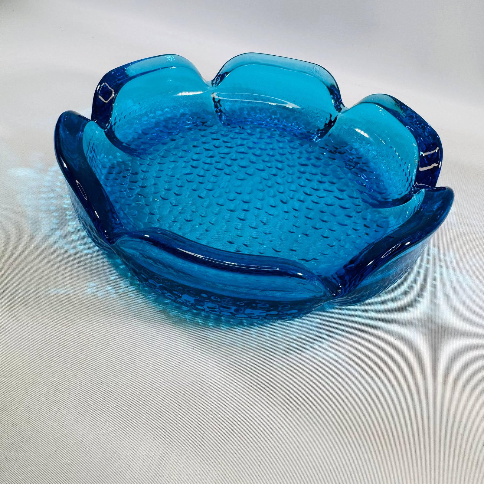 Vintage Blenko Blue Glass Lotus Ashtray, Pebbled Textured, Mid-Century Modern