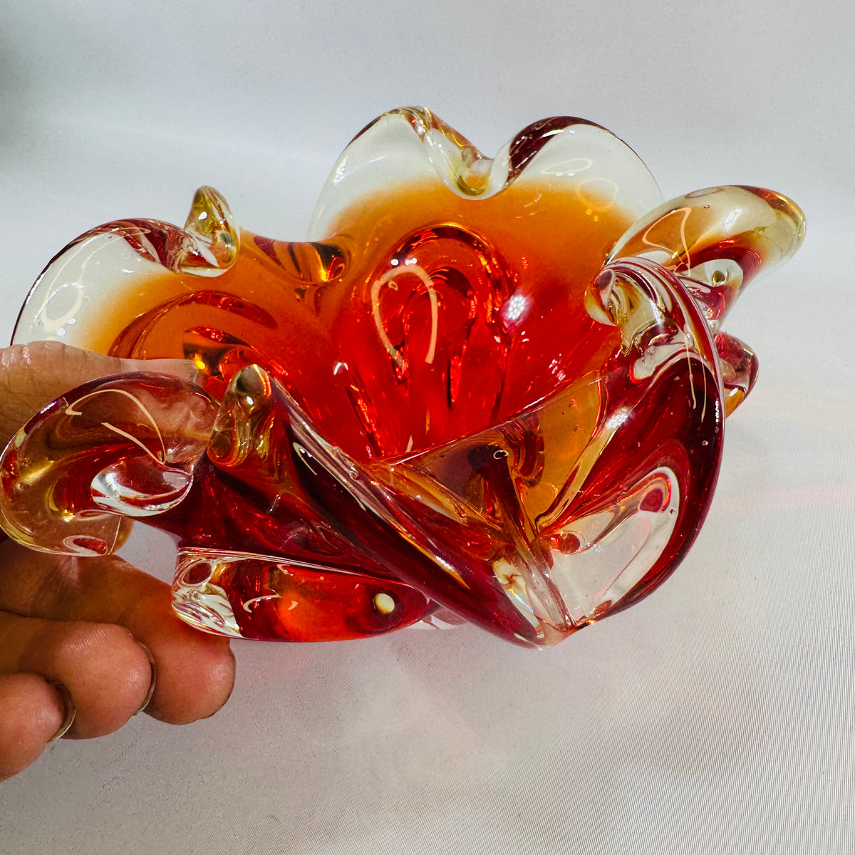 Vintage Murano Glass Floral Centerpiece Bowl, Red Amber Hand-Blown, Mid-Century Modern