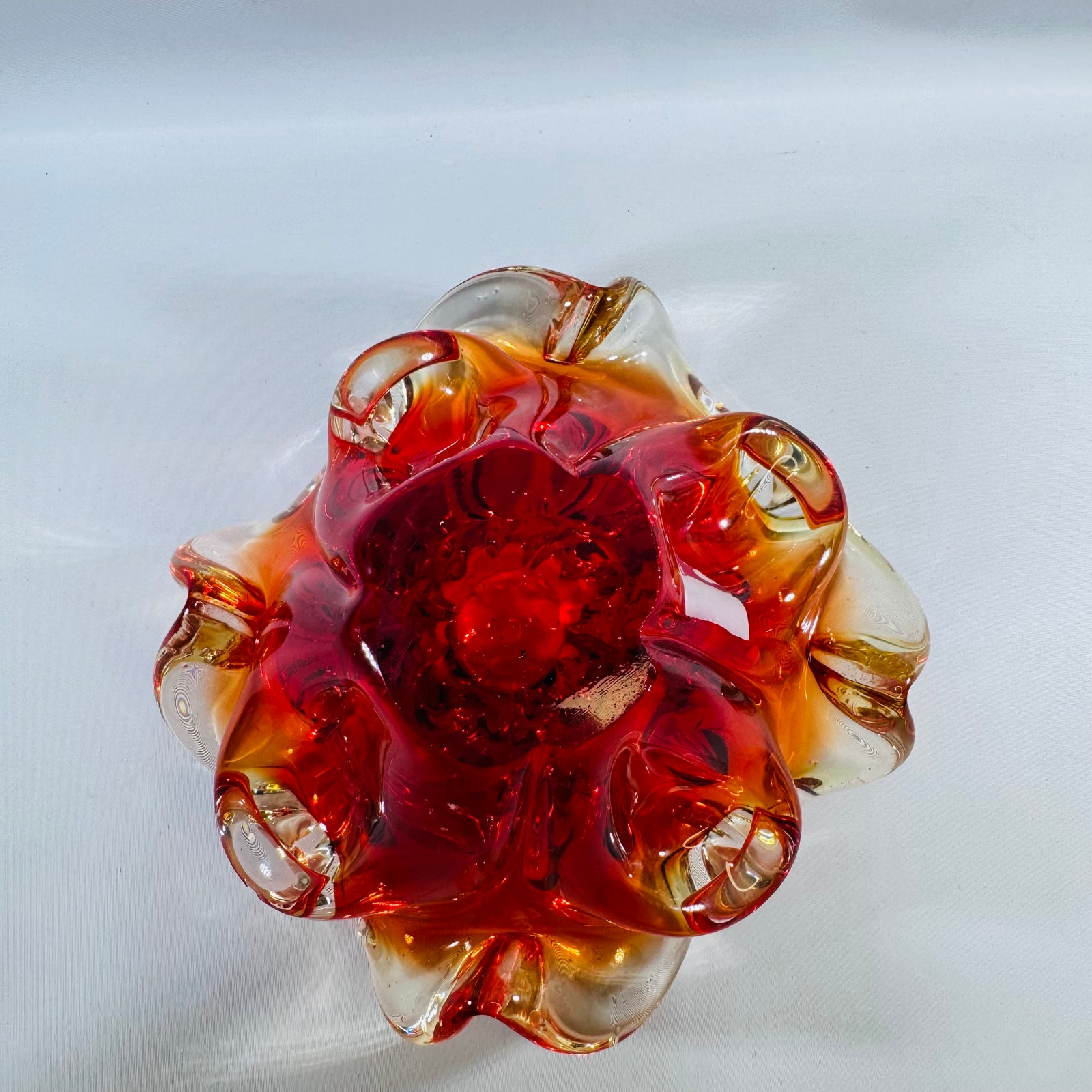 Vintage Murano Glass Floral Centerpiece Bowl, Red Amber Hand-Blown, Mid-Century Modern