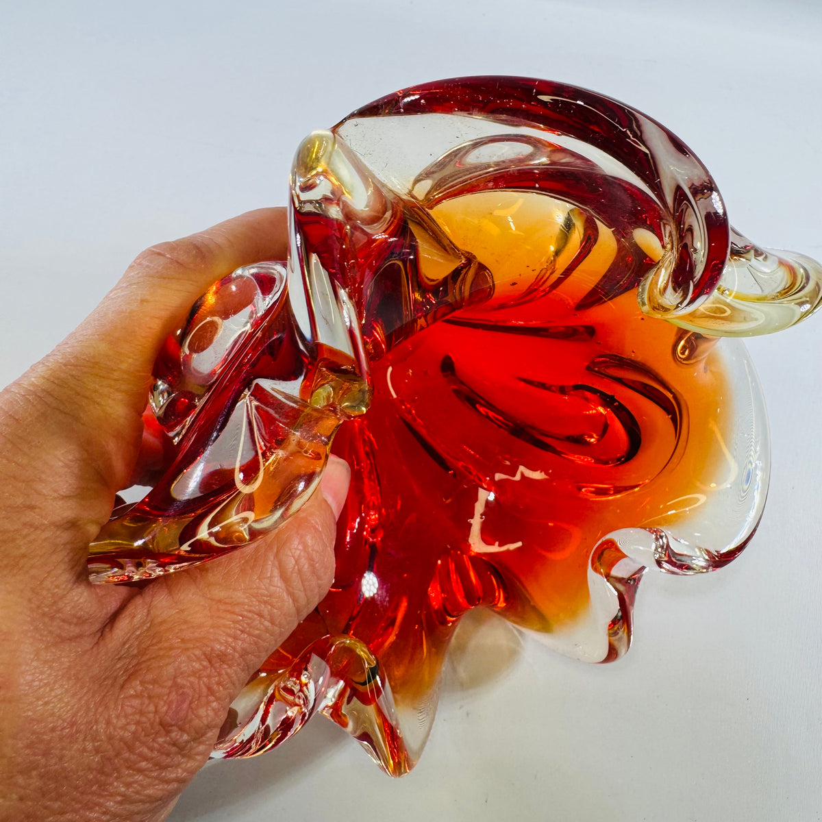 Vintage Murano Glass Floral Centerpiece Bowl, Red Amber Hand-Blown, Mid-Century Modern