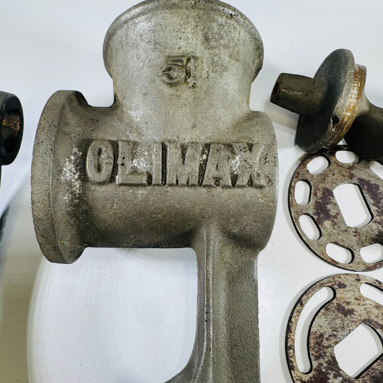 Vintage Climax No. 51 Meat Grinder with Original Box — Cast Iron Hand Crank