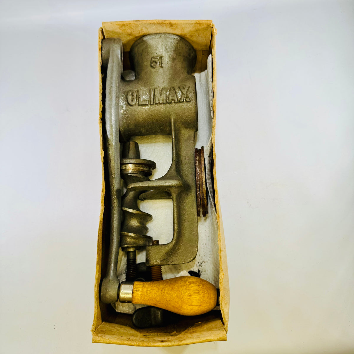 Vintage Climax No. 51 Meat Grinder with Original Box — Cast Iron Hand Crank
