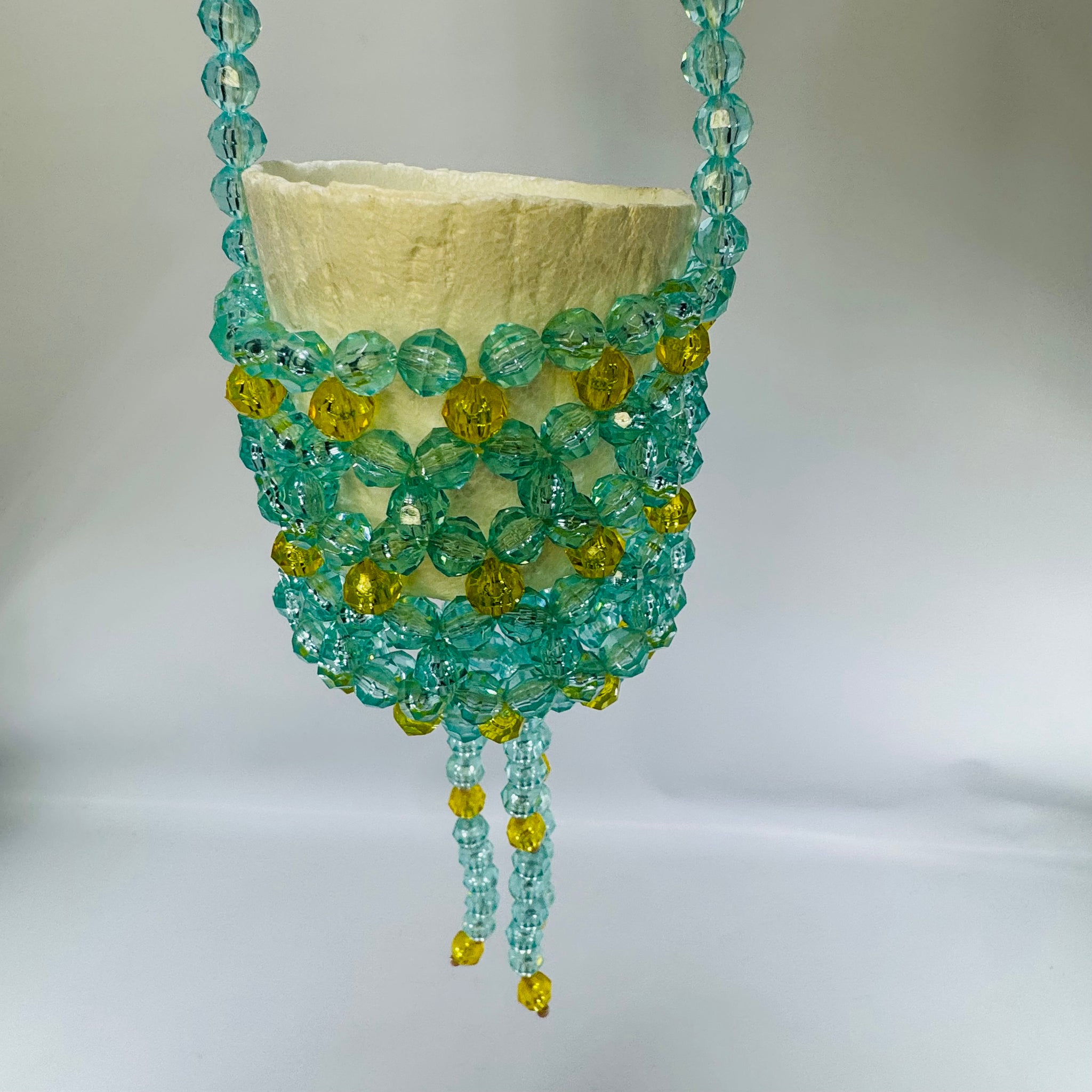 vintage beaded plant hanger Vintage 1980s Handmade Beaded Plant Hanger Aqua & Yellow Faceted Beads