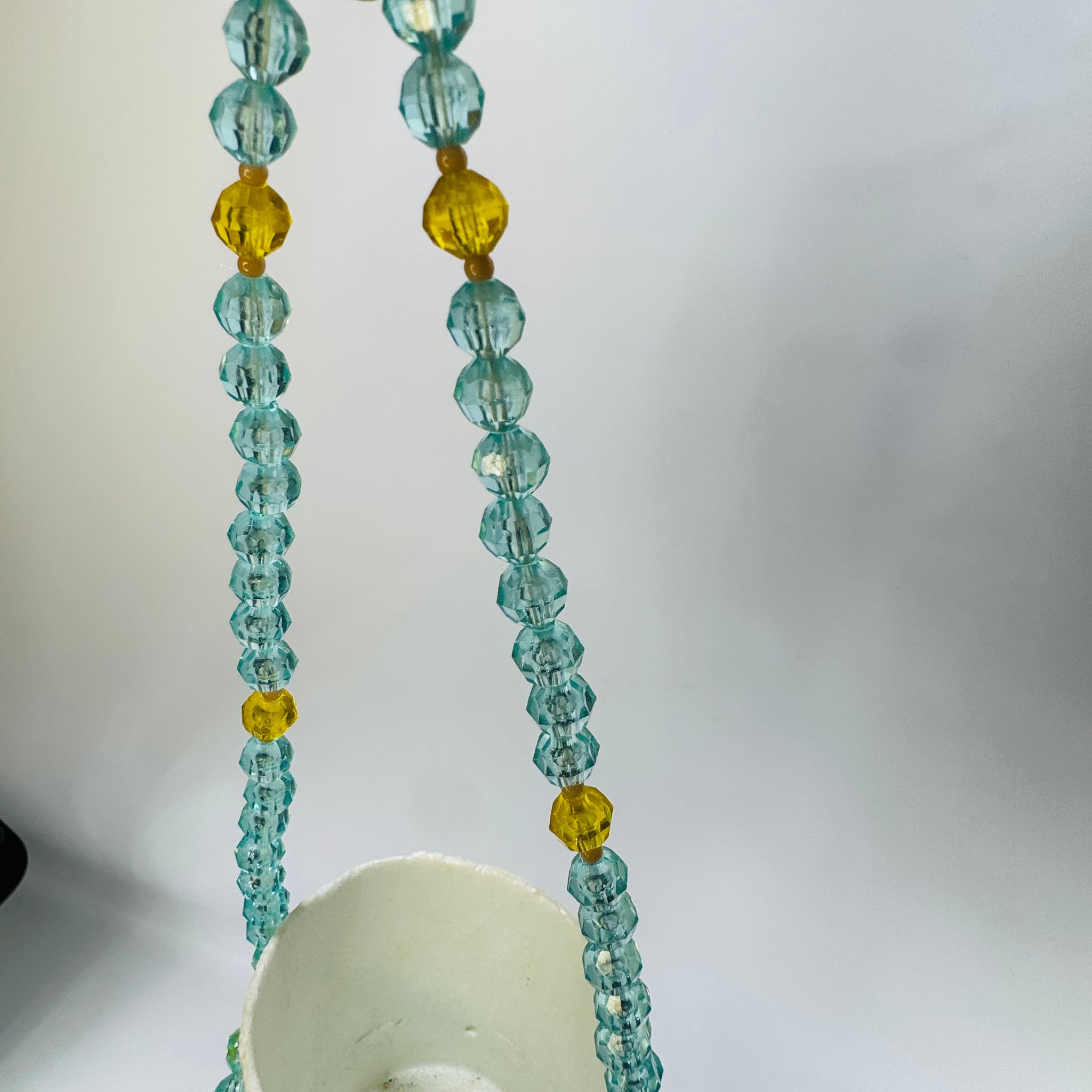 faceted hanging planter Vintage 1980s Handmade Beaded Plant Hanger Aqua & Yellow Faceted Beads
