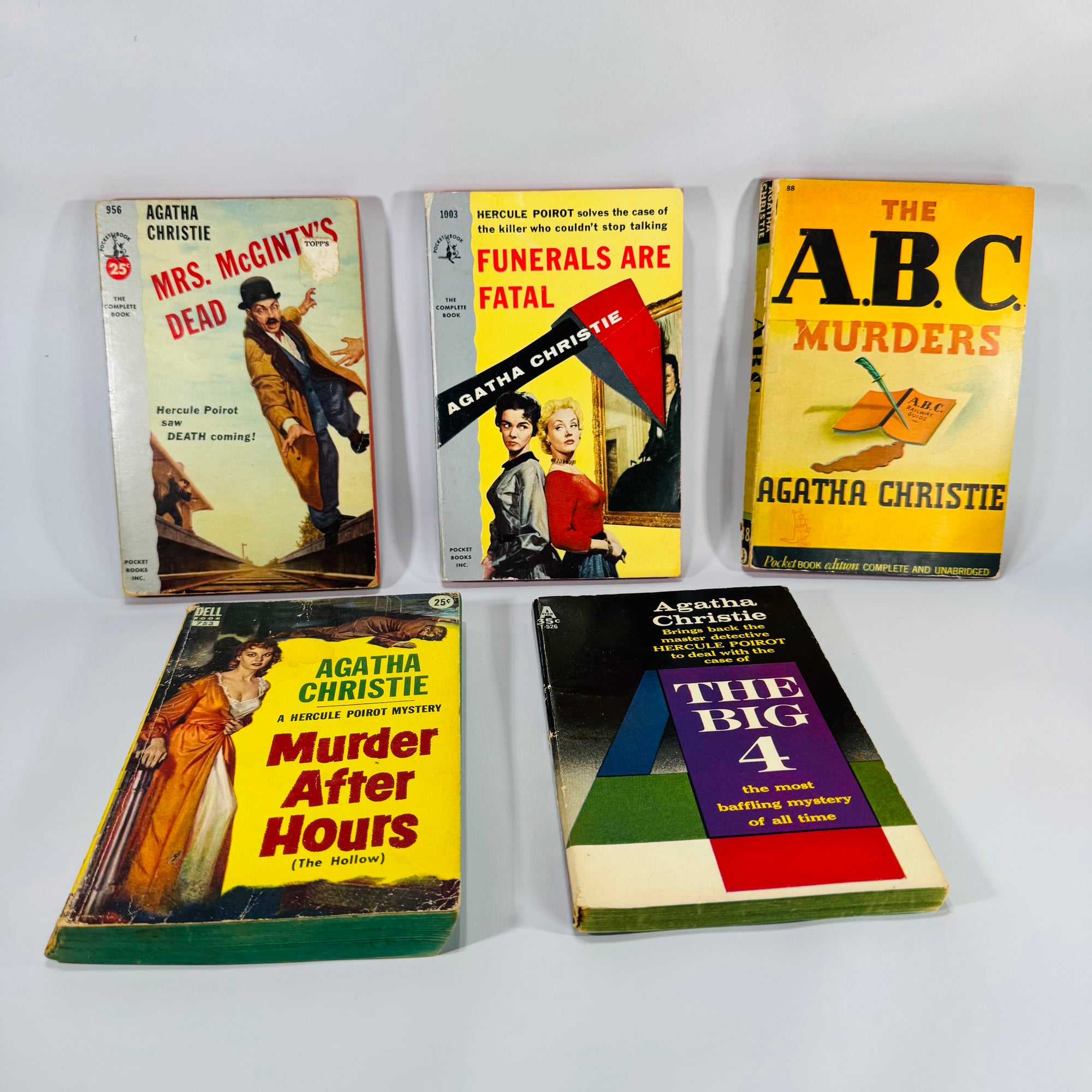 Vintage Agatha Christie Mystery / Detective Fiction Book Bundle — 5 Classic Paperbacks (1950s–1960s) — Hercule Poirot | Mid-Century Pocket & Dell Books