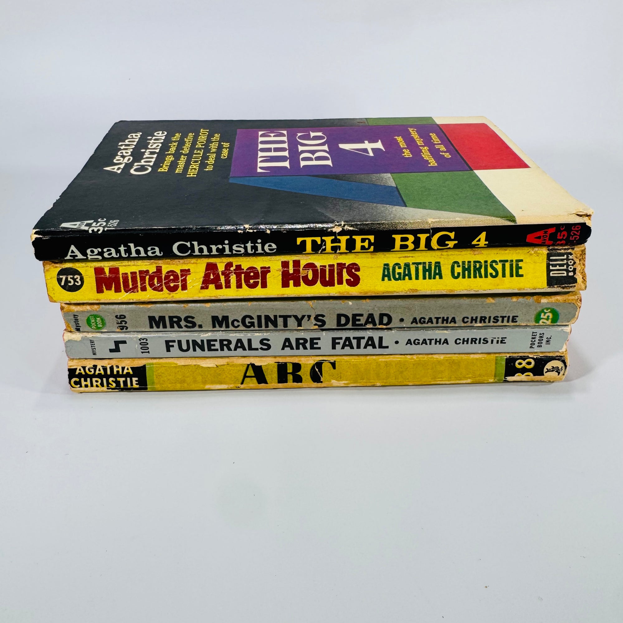 Vintage Agatha Christie Mystery / Detective Fiction Book Bundle — 5 Classic Paperbacks (1950s–1960s) — Hercule Poirot | Mid-Century Pocket & Dell Books