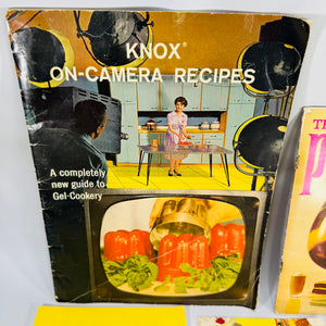 Vintage Retro Kitchen & Cooking Book Bundle — Knox Gel-Cookery (1962), Domino Sugar, Skippy Peanut, Jell-O Hostess Guide, Proof of the Pudding — 5-Piece Lot