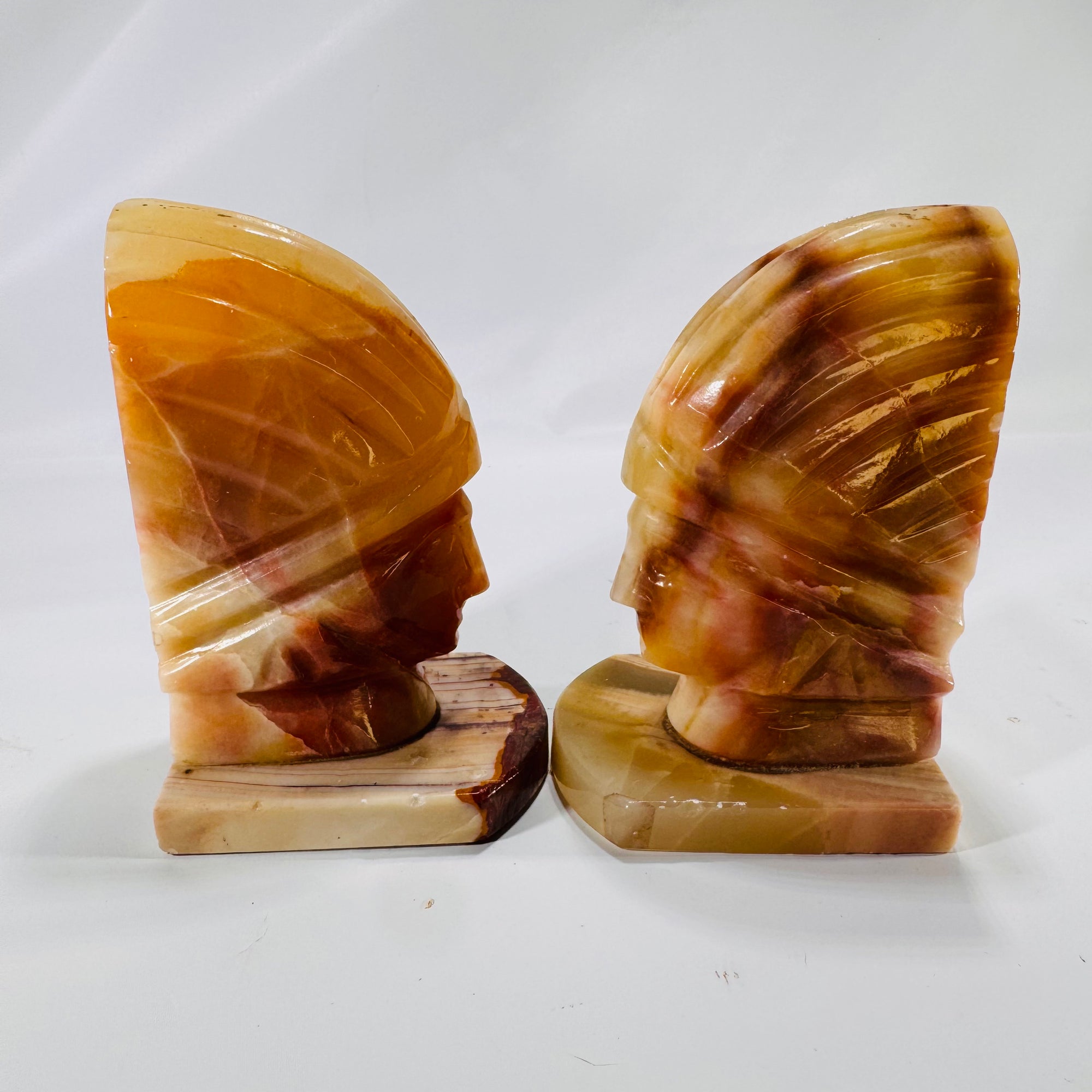 Carved Stone Native-Inspired Warrior Head Bookends – Heavy Polished Pair