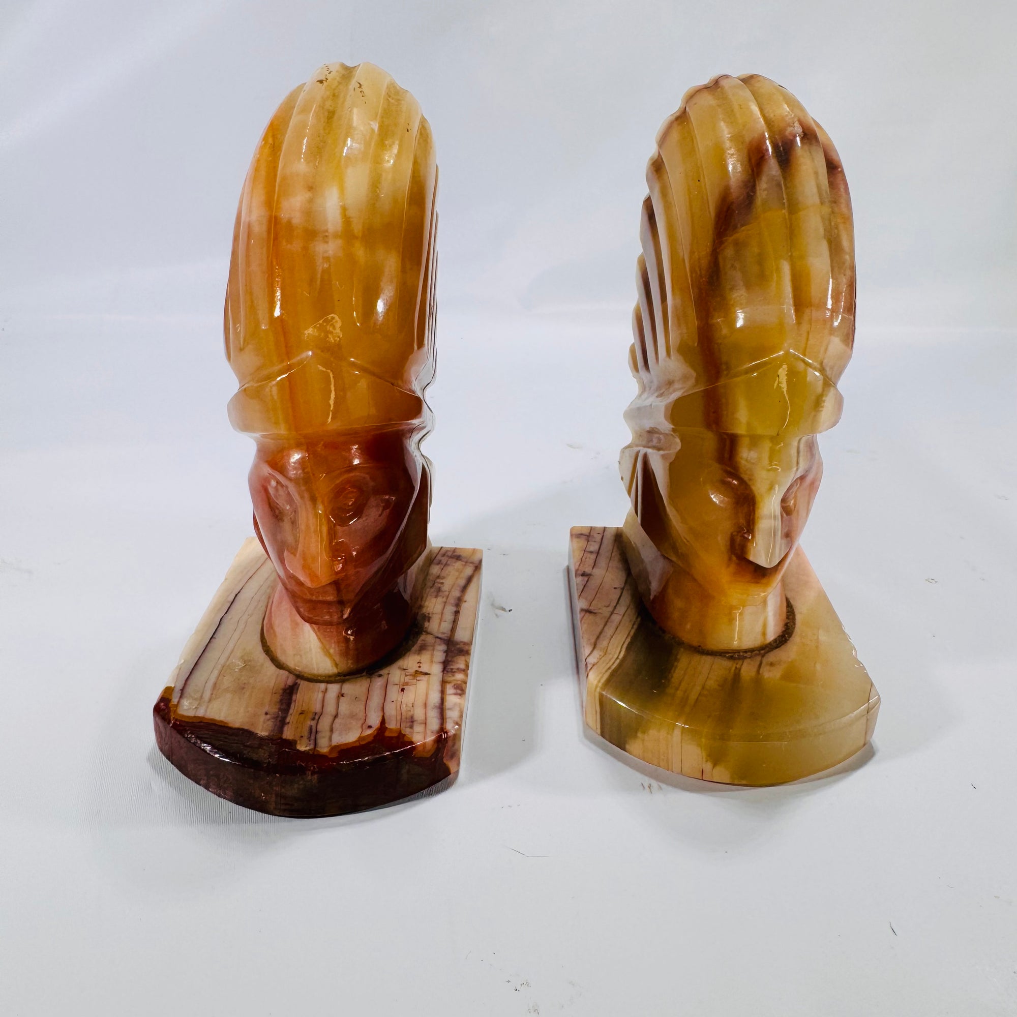 Carved Stone Native-Inspired Warrior Head Bookends – Heavy Polished Pair