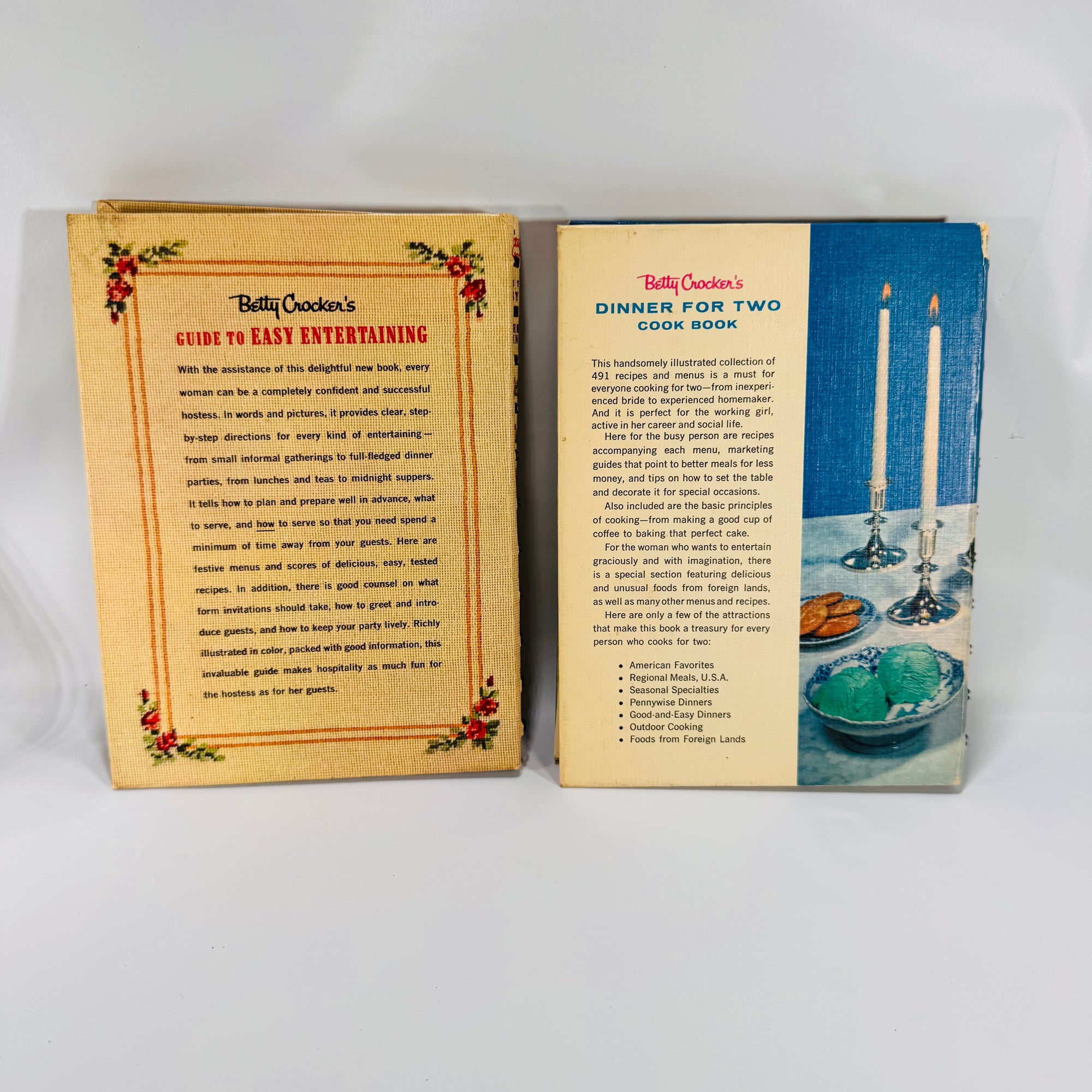 Two Betty Crocker Vintage Cookbooks (Dinner for Two & Easy Entertaining) 1958–1959, Hardcover, Spiral Bound