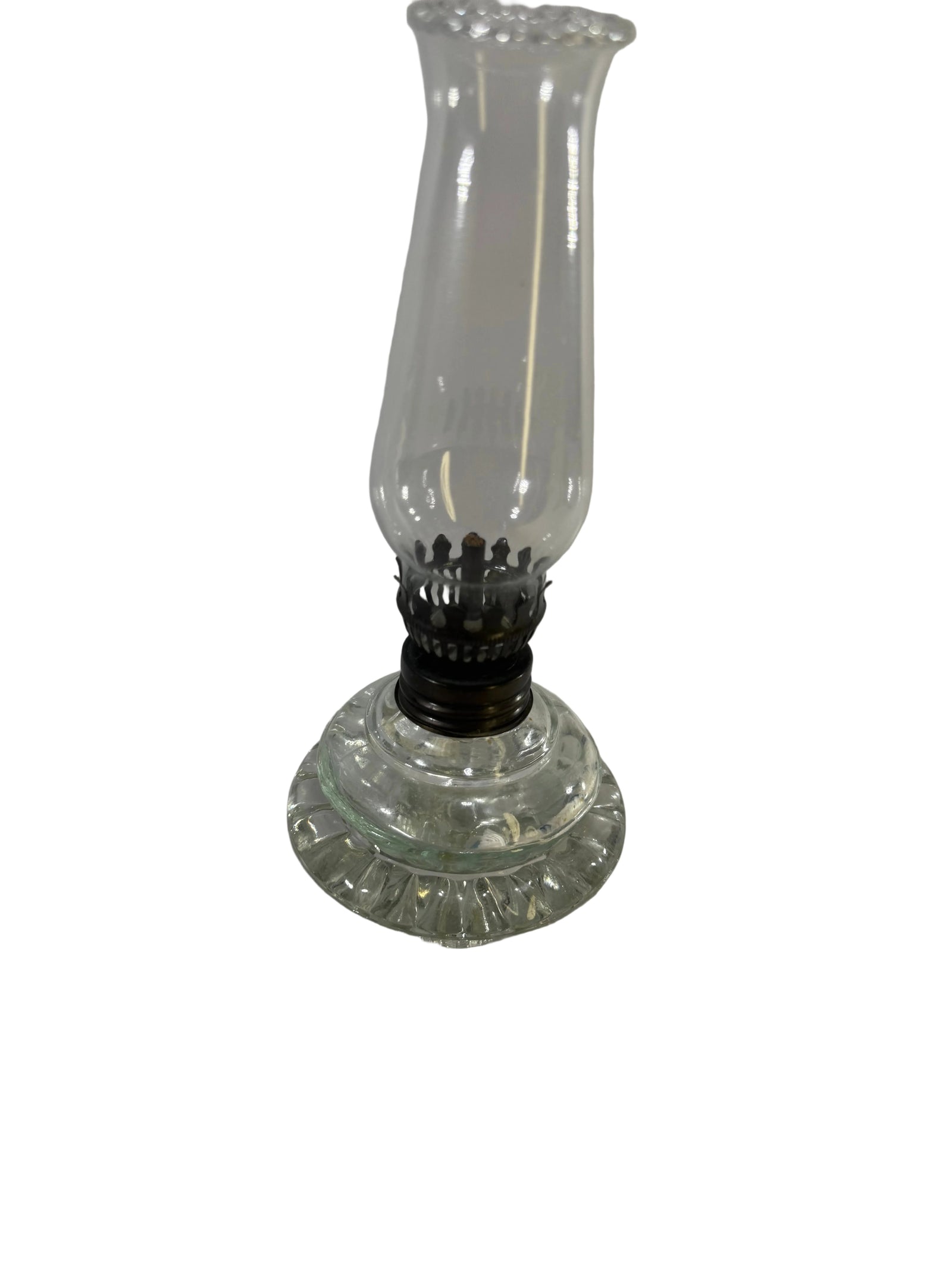 Vintage Clear Glass Kerosene Hurricane Oil Lamp — Ribbed Base with Metal Burner