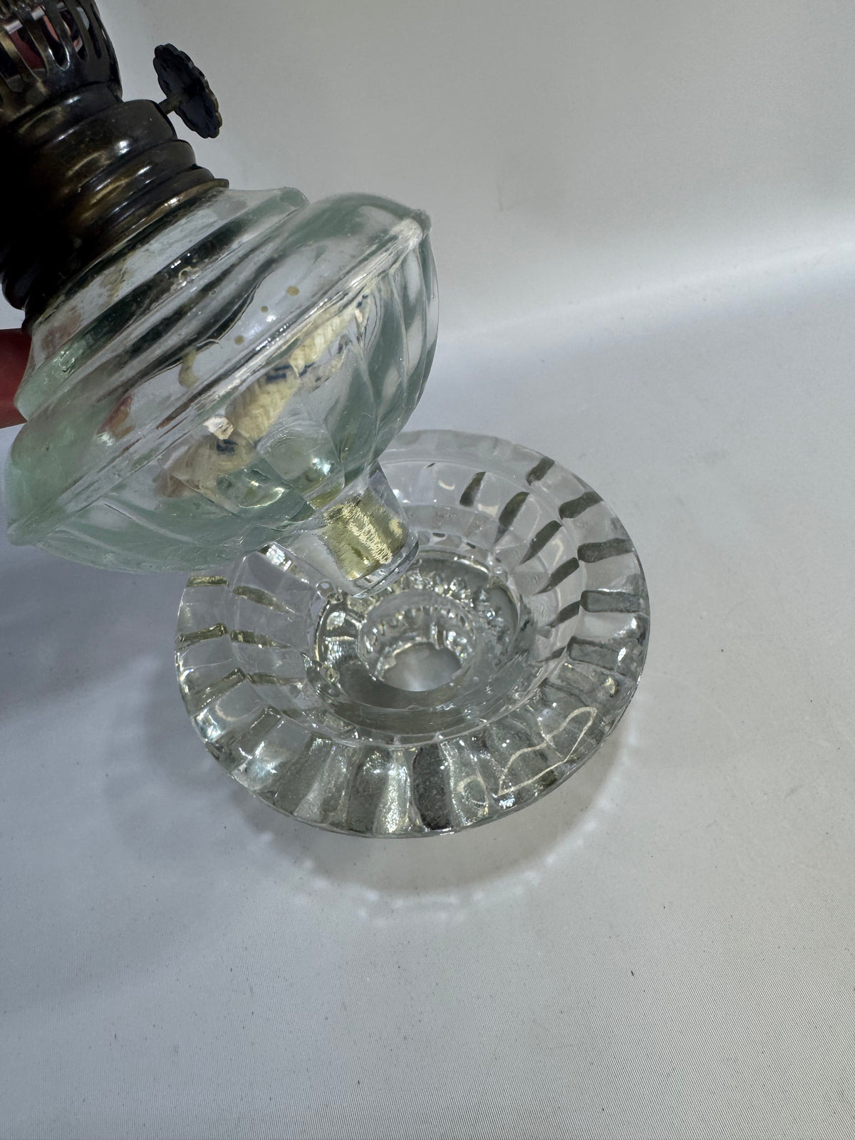 Vintage Clear Glass Kerosene Hurricane Oil Lamp — Ribbed Base with Metal Burner