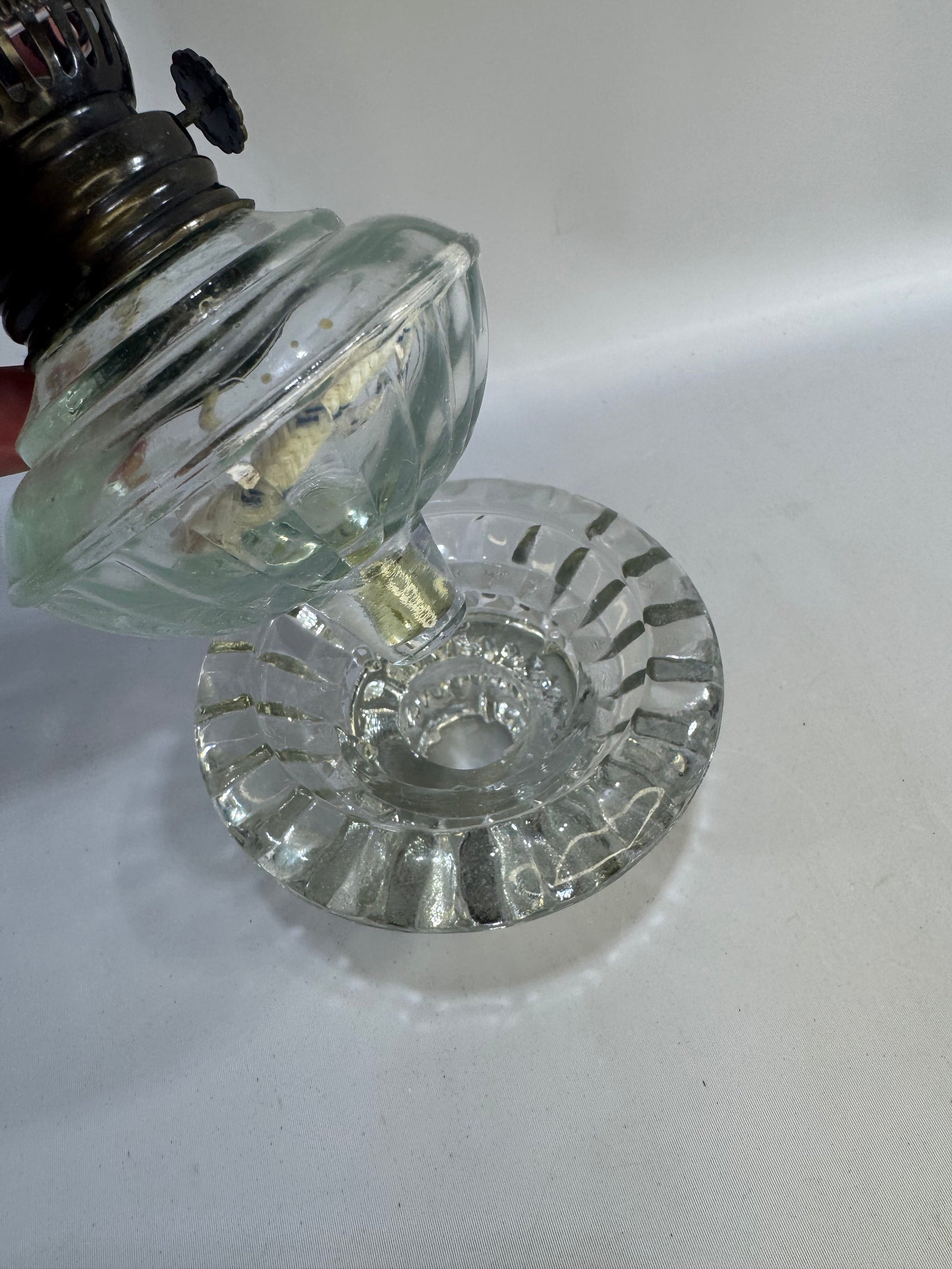 Vintage Clear Glass Kerosene Hurricane Oil Lamp — Ribbed Base with Metal Burner