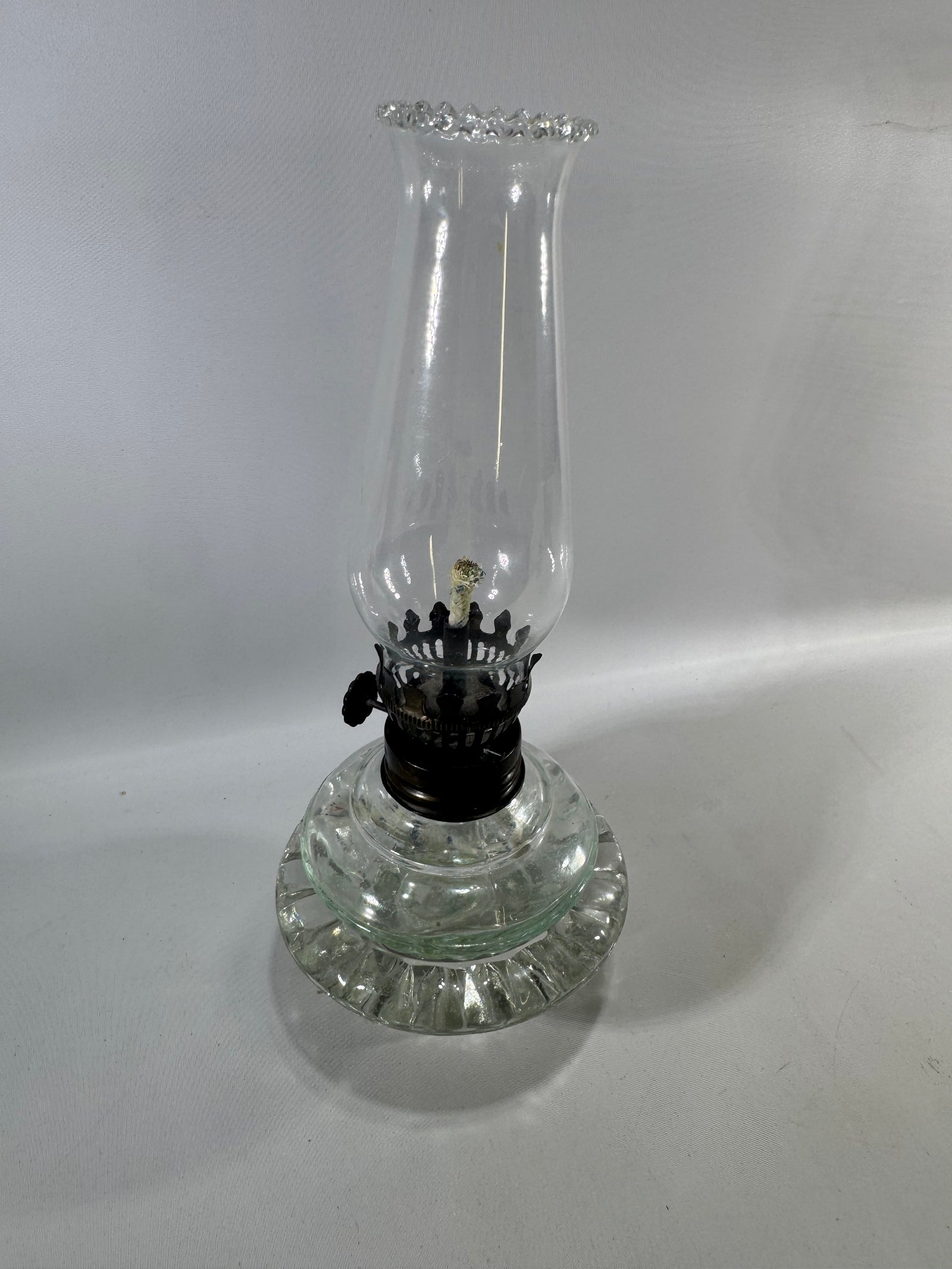 Vintage Clear Glass Kerosene Hurricane Oil Lamp — Ribbed Base with Metal Burner